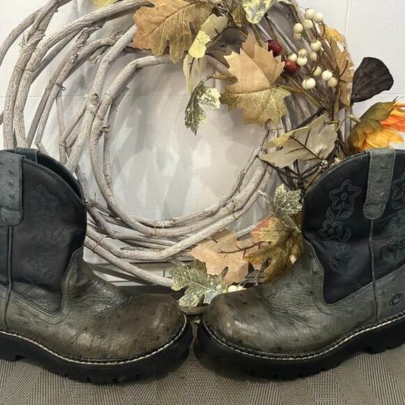 WOMENS ROPER DARK GREEN & BLACK OSTRICH LEATHER FLORAL WESTERN COWBOY BOOTS - Picture 1 of 5